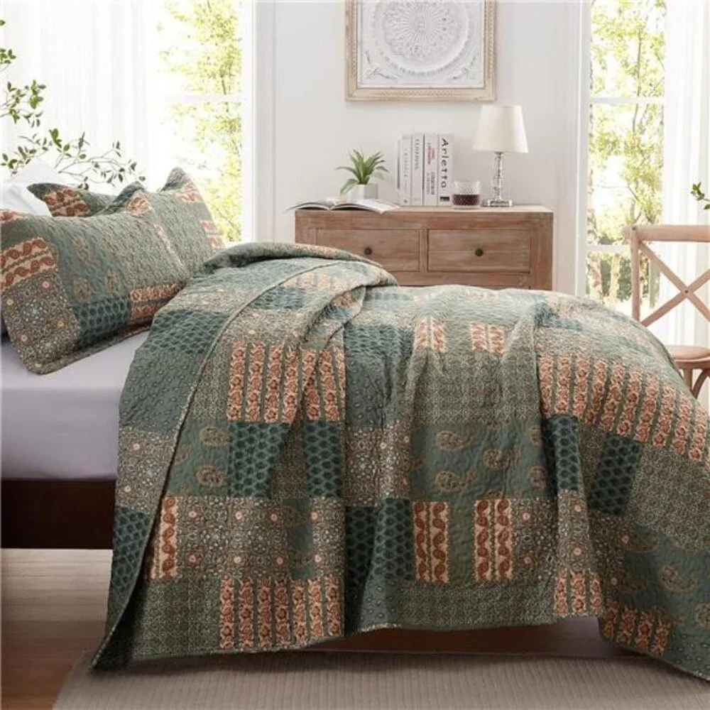 3 Pieces California King Size Quilt Set Olive Green Oversized 120x120